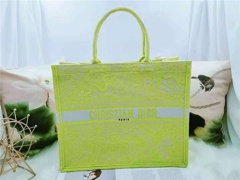 LARGE Dior BOOK TOTE Toile de Jouy Reverse Embroidery Lime High