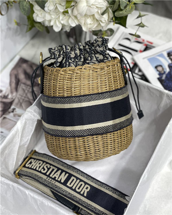 Dior WICKER BUCKET BAG Blue Dior Oblique Jacquard and Natural Wicker High