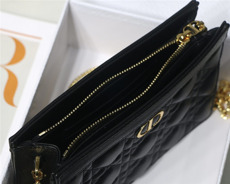 Dior CARO ZIPPED POUCH WITH CHAIN Supple Cannage Calfskin Black High