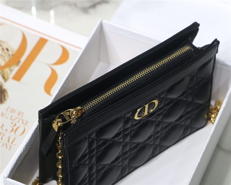 Dior CARO ZIPPED POUCH WITH CHAIN Supple Cannage Calfskin Black High