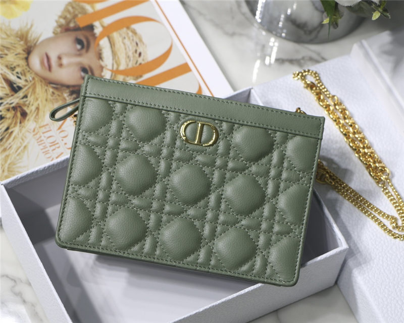 Dior CARO ZIPPED POUCH WITH CHAIN Supple Cannage Calfskin Green High