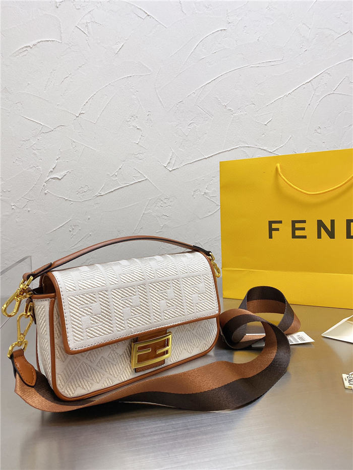 Fendi BAGUETTE Embroidered canvas bag Off-white Mid