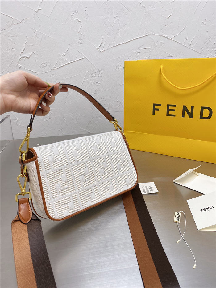 Fendi BAGUETTE Embroidered canvas bag Off-white Mid