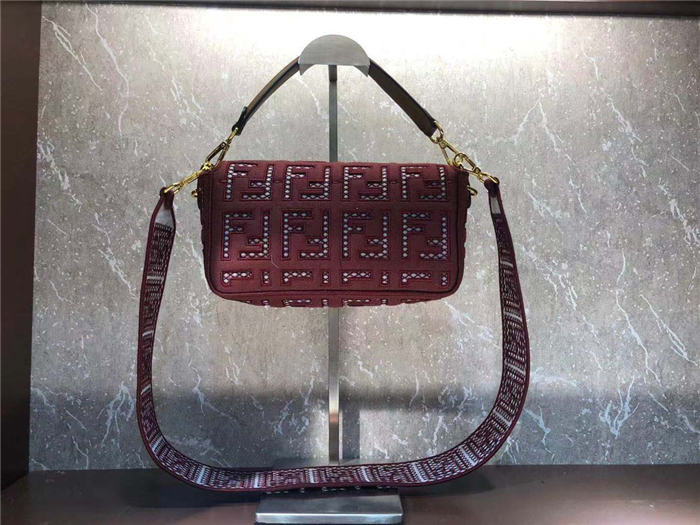 Fendi BAGUETTE Canvas Bag Embroidered Wine Mid