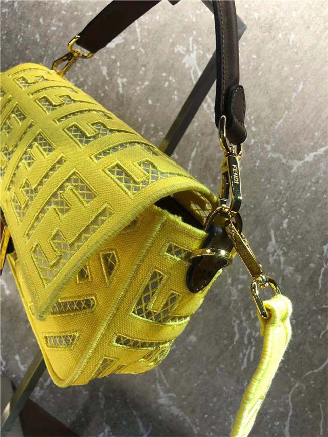 Fendi BAGUETTE Canvas Bag Embroidered Yellow Mid