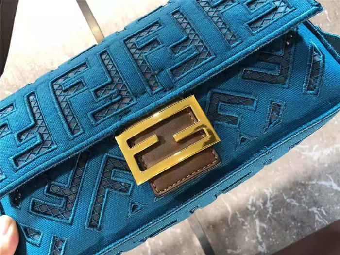 Fendi BAGUETTE Canvas Bag Embroidered Blue Mid