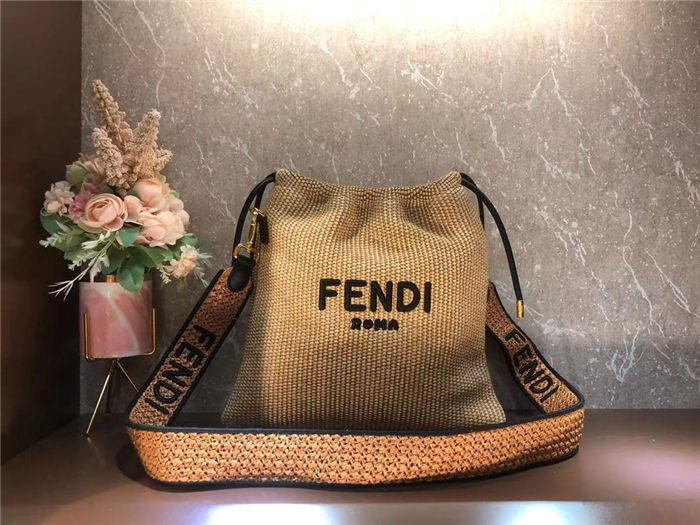 Fendi PACK SMALL POUCH Raffia Camel Mid