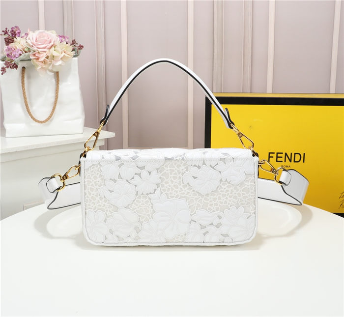 Fendi BAGUETTE Embroidered Patent White Mid