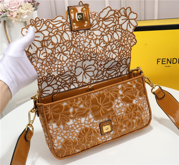 Fendi BAGUETTE Embroidered Patent Camel Mid