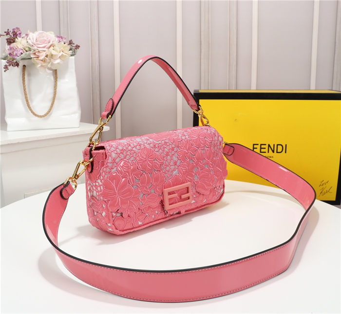 Fendi BAGUETTE Embroidered Patent Pink Mid