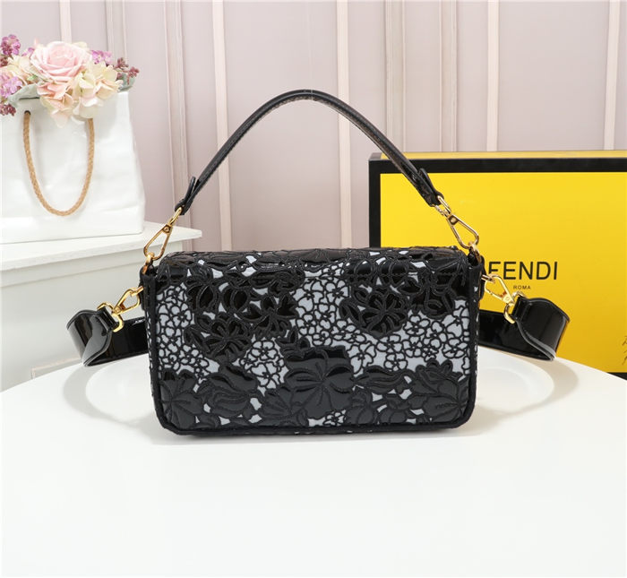 Fendi BAGUETTE Embroidered Patent Black Mid