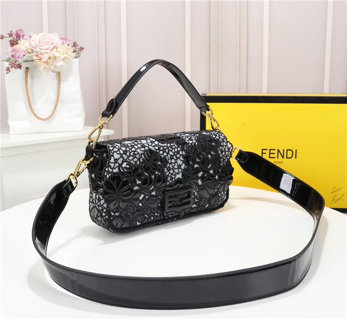 Fendi BAGUETTE Embroidered Patent Black Mid