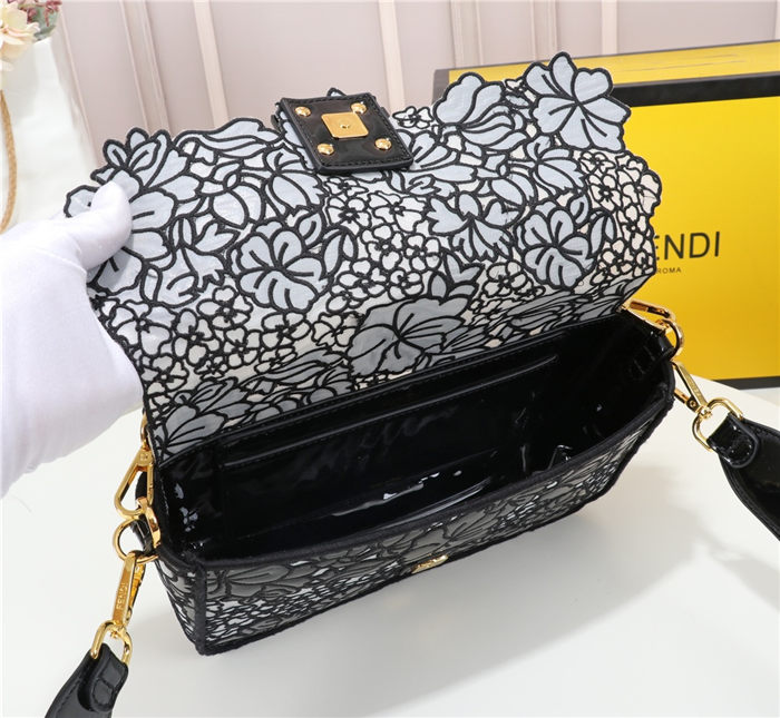 Fendi BAGUETTE Embroidered Patent Black Mid