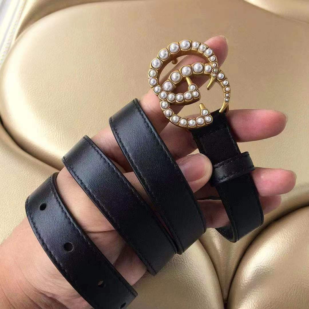 Gucci Leather belt with pearl Double G buckle Black High