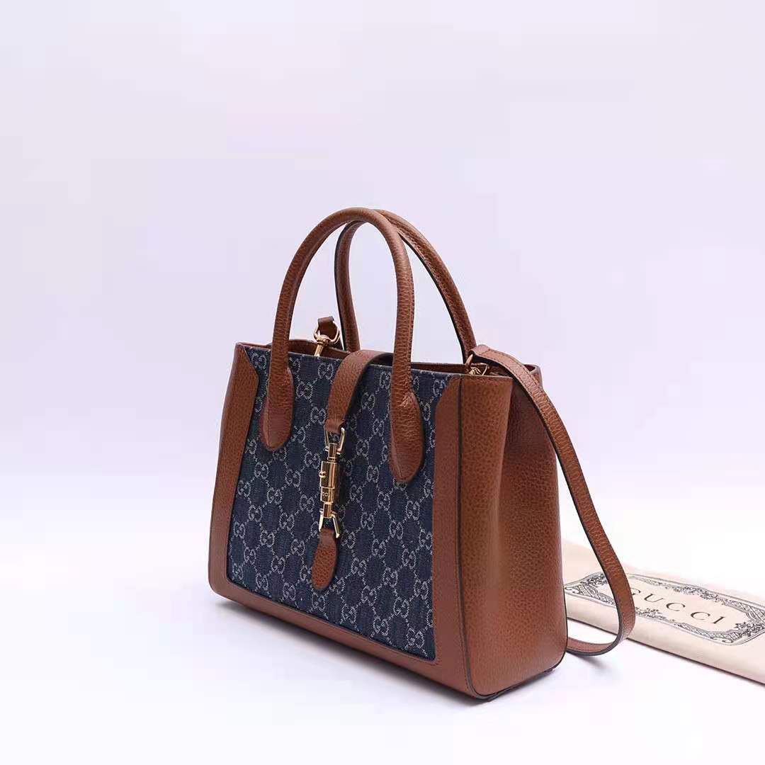 Jackie 1961 medium tote bag Dark blue and ivory eco washed organic GG jacquard denim 649016 High