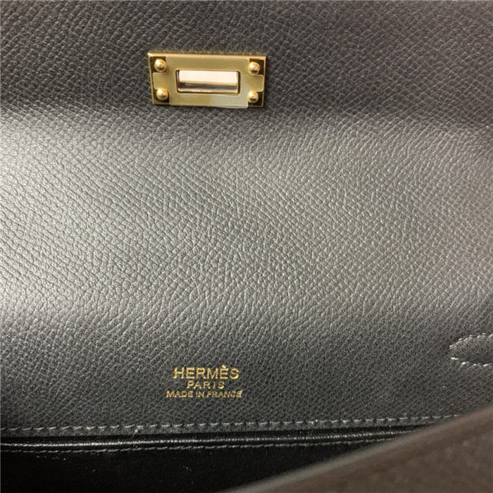 Hermes Kelly Pochette Bag Epsom Leather Silver/Gold Metal WAX Black High