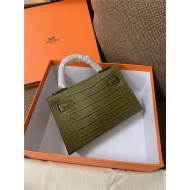 Hermes Kelly Mini II Bag Embossed Crocodile Leather WAX Silver/Gold Metal High