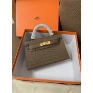 Hermes Kelly Mini II Bag Embossed Crocodile Leather WAX Silver/Gold Metal High