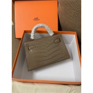 Hermes Kelly Mini II Bag Embossed Crocodile Leather WAX Silver/Gold Metal High