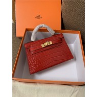 Hermes Kelly Mini II Bag Embossed Crocodile Leather WAX Silver/Gold Metal High