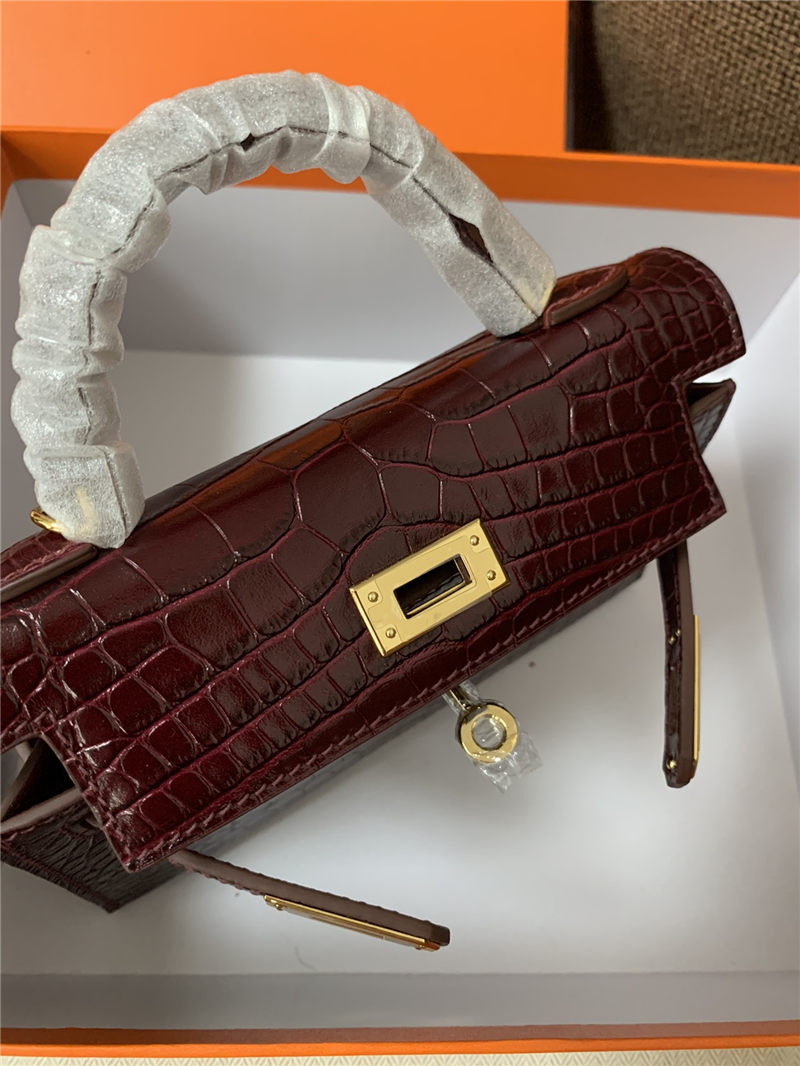 Hermes Kelly Mini II Bag Embossed Crocodile Leather WAX Silver/Gold Metal High