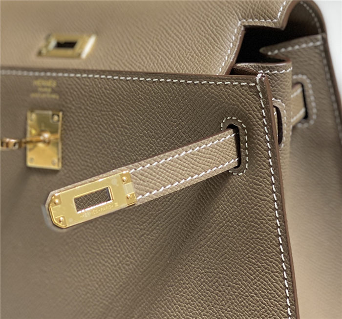 Hermes Kelly 25/28cm Sellier Bag Epsom Leather Silver/Gold Metal In Etoupe-Gold High