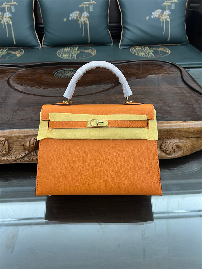 Hermes Kelly 25/28cm Sellier Bag Epsom Leather Silver/Gold Metal In Orange High