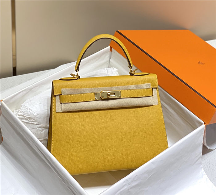 Hermes Kelly 25/28cm Sellier Bag Epsom Leather Silver/Gold Metal In Jaune Ambre High