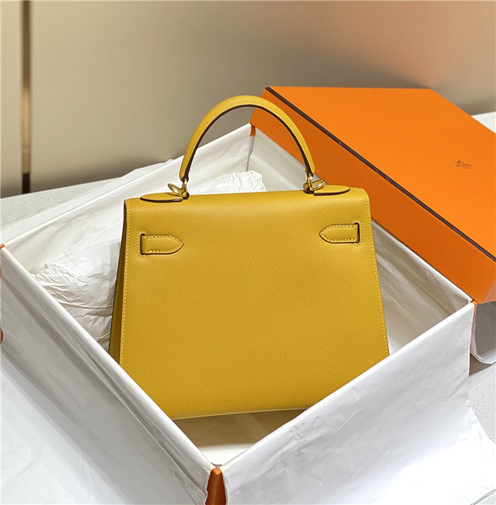 Hermes Kelly 25/28cm Sellier Bag Epsom Leather Silver/Gold Metal In Jaune Ambre High