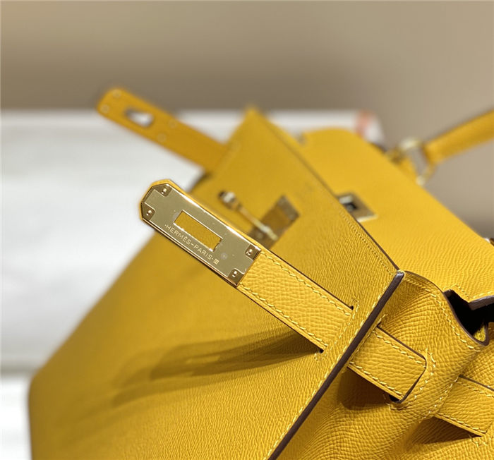 Hermes Kelly 25/28cm Sellier Bag Epsom Leather Silver/Gold Metal In Jaune Ambre High