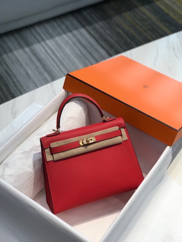 Hermes Kelly 25/28cm Sellier Bag Epsom Leather Silver/Gold Metal In Rouge Casaque High