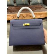 Hermes Kelly 25/28cm Sellier Bag Epsom Leather Silver/Gold Metal In Agate Blue High