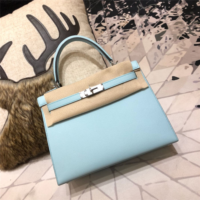 Hermes Kelly 25/28cm Sellier Bag Epsom Leather Silver/Gold Metal In Lt-Blue WAX High