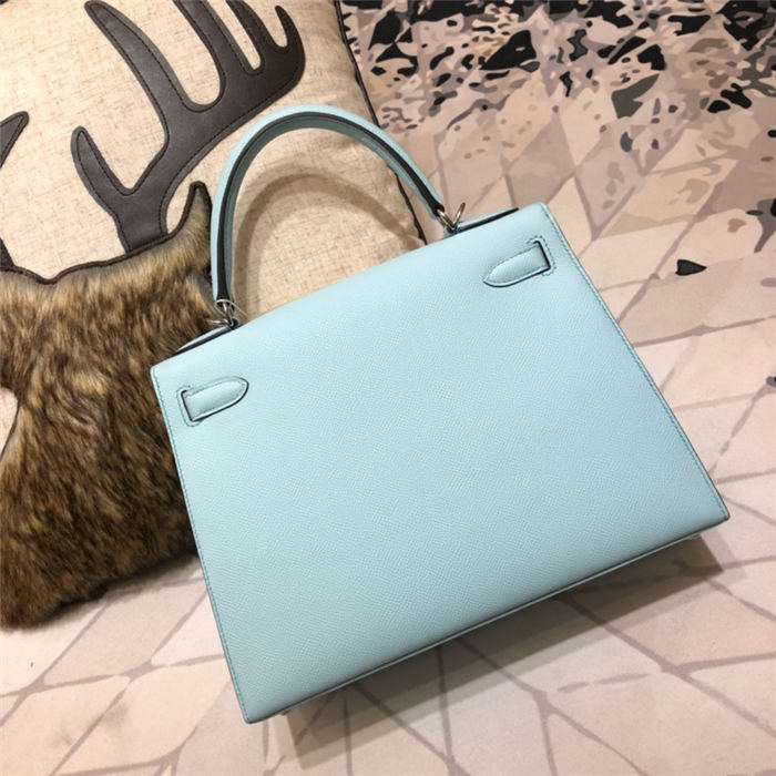 Hermes Kelly 25/28cm Sellier Bag Epsom Leather Silver/Gold Metal In Lt-Blue WAX High