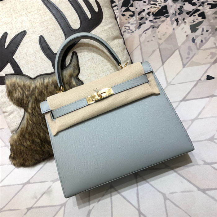 Hermes Kelly 25/28cm Sellier Bag Epsom Leather Silver/Gold Metal In Grey-Blue WAX High