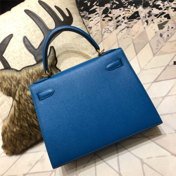 Hermes Kelly 25/28cm Sellier Bag Epsom Leather Silver/Gold Metal In Royal Blue WAX High