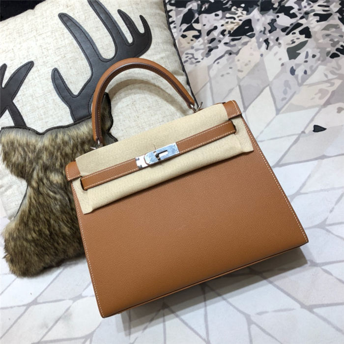 Hermes Kelly 25/28cm Sellier Bag Epsom Leather Silver/Gold Metal In Camel WAX High