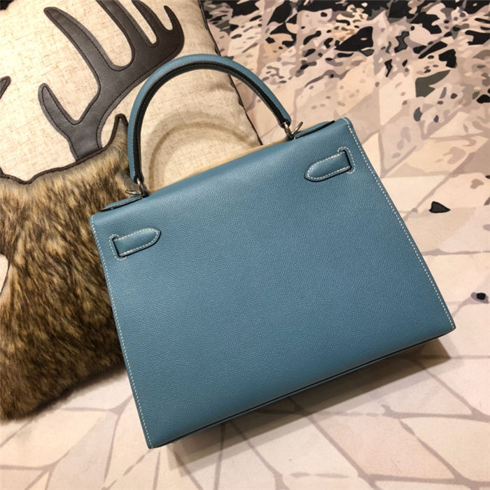 Hermes Kelly 25/28cm Sellier Bag Epsom Leather Silver/Gold Metal In Dk-Blue WAX High