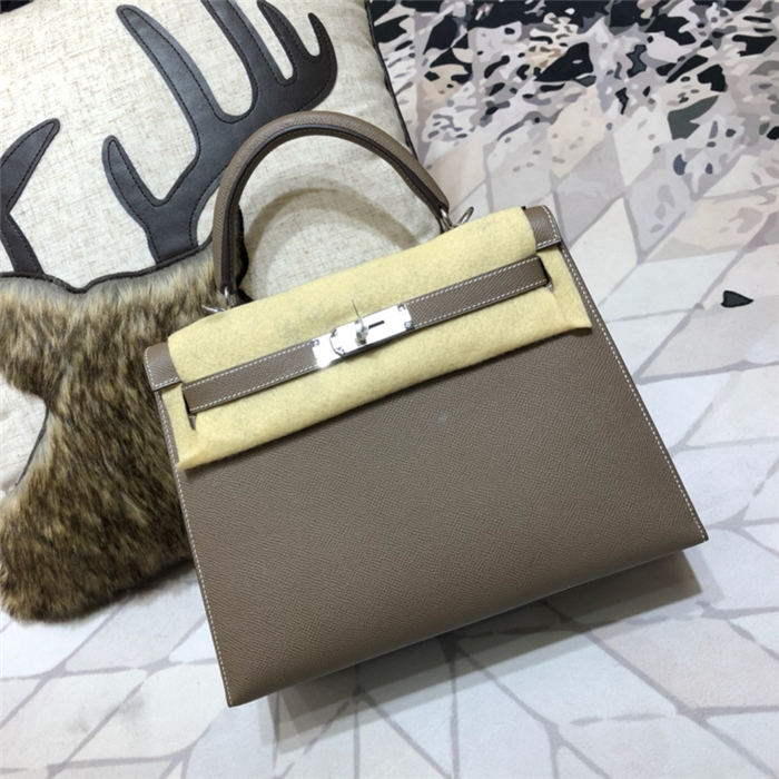 Hermes Kelly 25/28cm Sellier Bag Epsom Leather Silver/Gold Metal In Etoupe WAX High