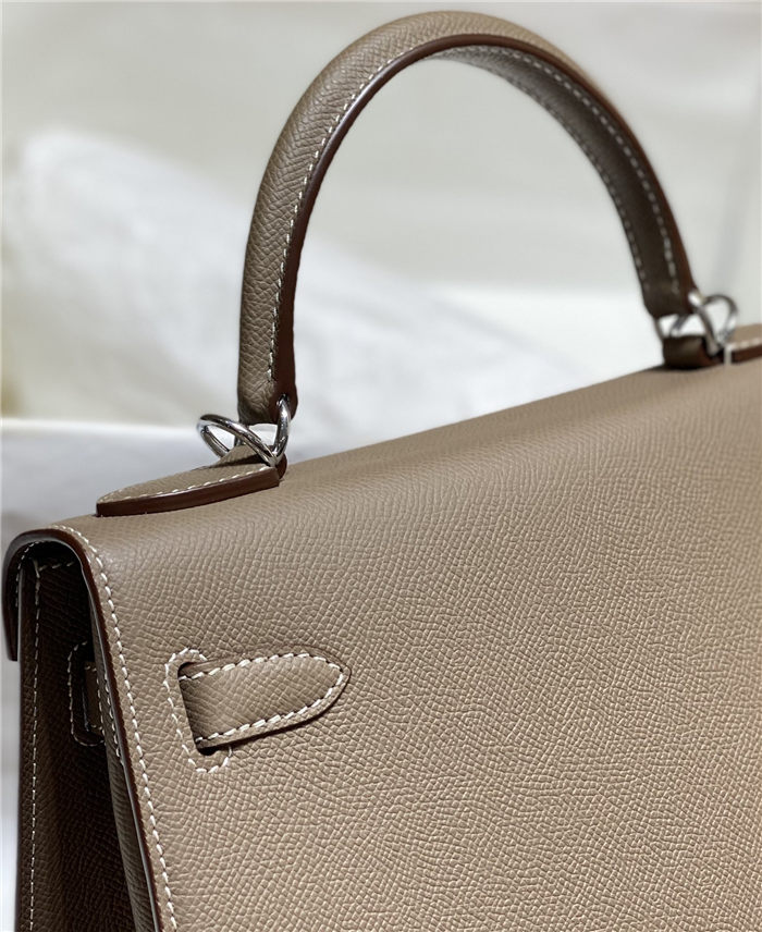 Hermes Kelly 25/28cm Sellier Bag Epsom Leather Silver/Gold Metal In Etoupe-Silver High