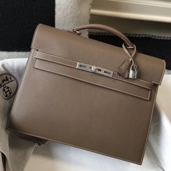 Hermes Kelly Depeche 34 Briefcase In Etoupe Calfskin High