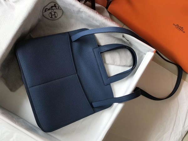 Hermes Halzan 31cm Bag Clemence Leather WAX In Blue Agate High