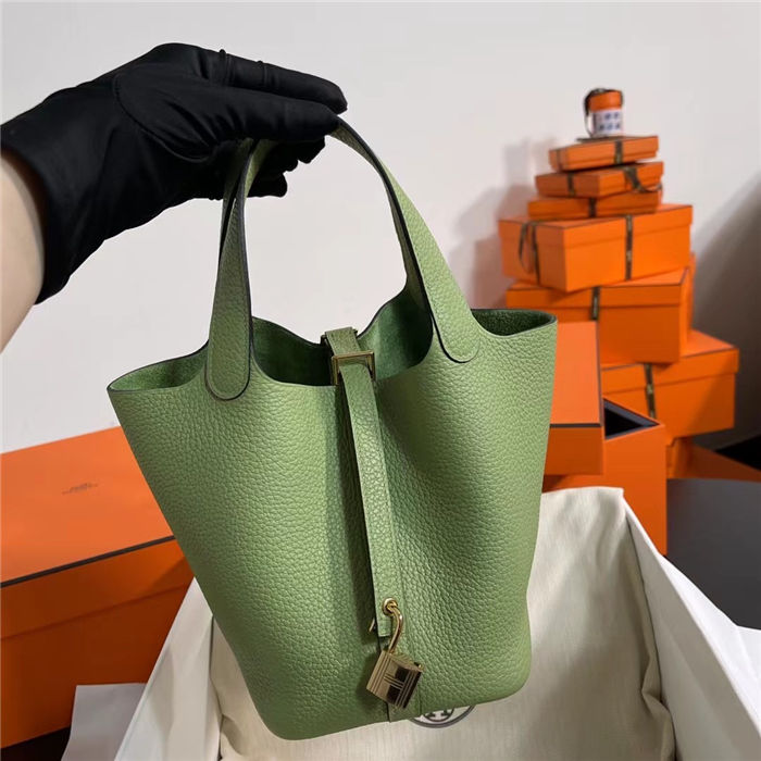 Hermes Picotin Lock 18/22 Bag Togo Leather In Vert Criquet-Gold WAX High