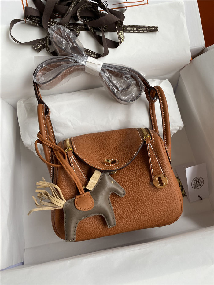 Hermes Lindy Mini Bag Clemence Leather In Tan WAX High