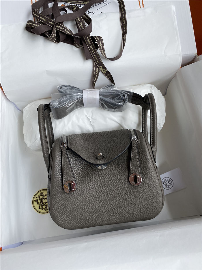 Hermes Lindy Mini Bag Clemence Leather In Dk-Grey WAX High