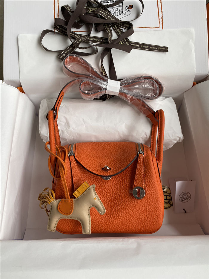 Hermes Lindy Mini Bag Clemence Leather In Orange WAX High