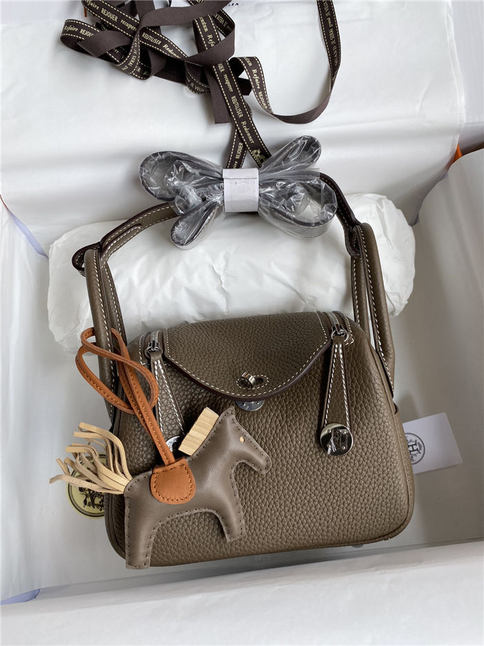 Hermes Lindy Mini Bag Clemence Leather In Etoupe WAX High