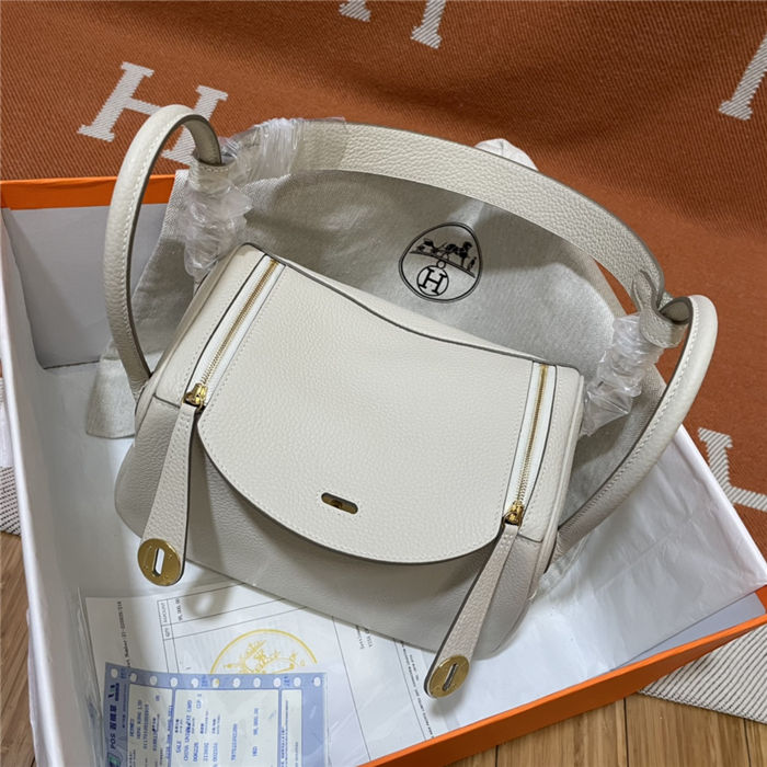 Hermes Lindy 26/30cm Bag Clemence Leather In Cream Gold-Metal WAX High