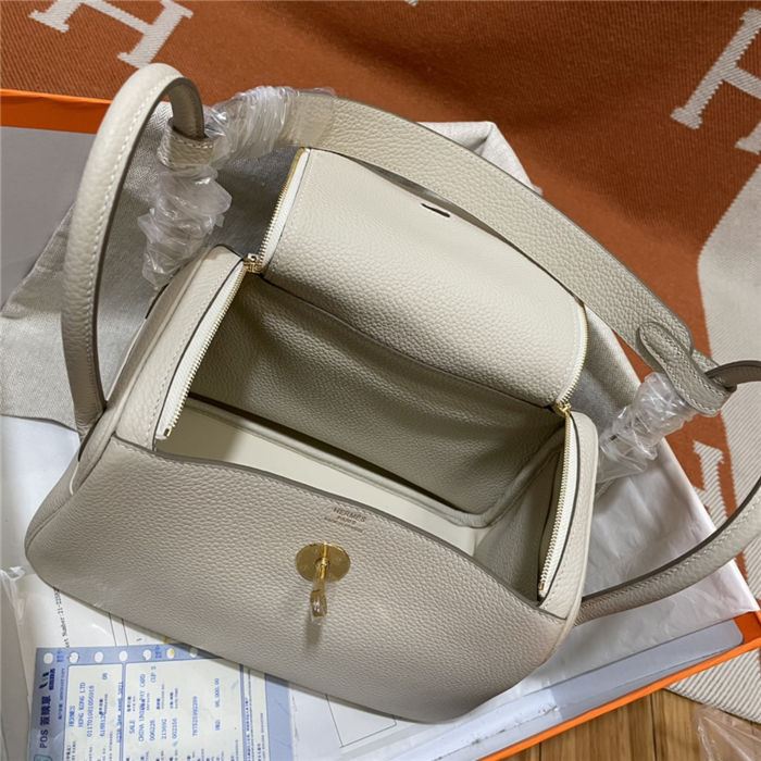 Hermes Lindy 26/30cm Bag Clemence Leather In Cream Gold-Metal WAX High