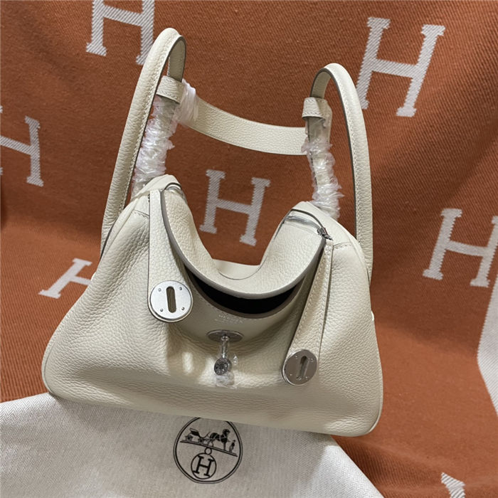 Hermes Lindy 26/30cm Bag Clemence Leather In Cream Silver-Metal WAX High